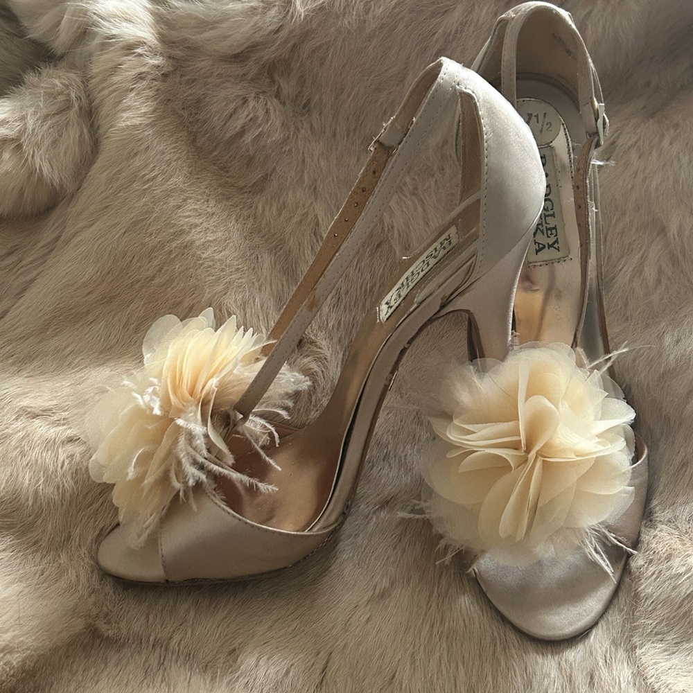 Badgley Mischka Champagne colored Heels with Beautiful Floral Tulle Detail